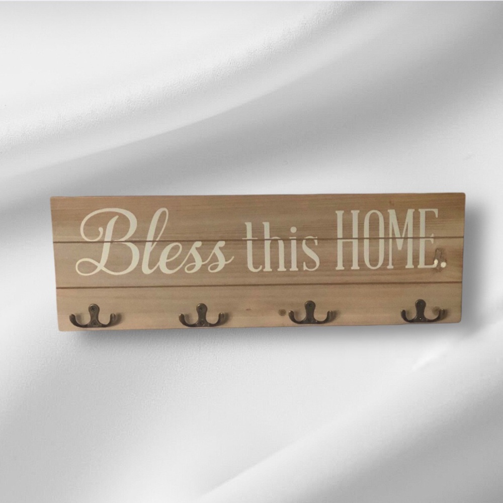 Bless This Home Wooden Four Hook Hanger